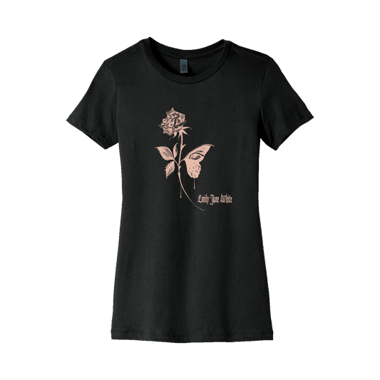 Ladies Black and Ivory Butterfly Rose Tee